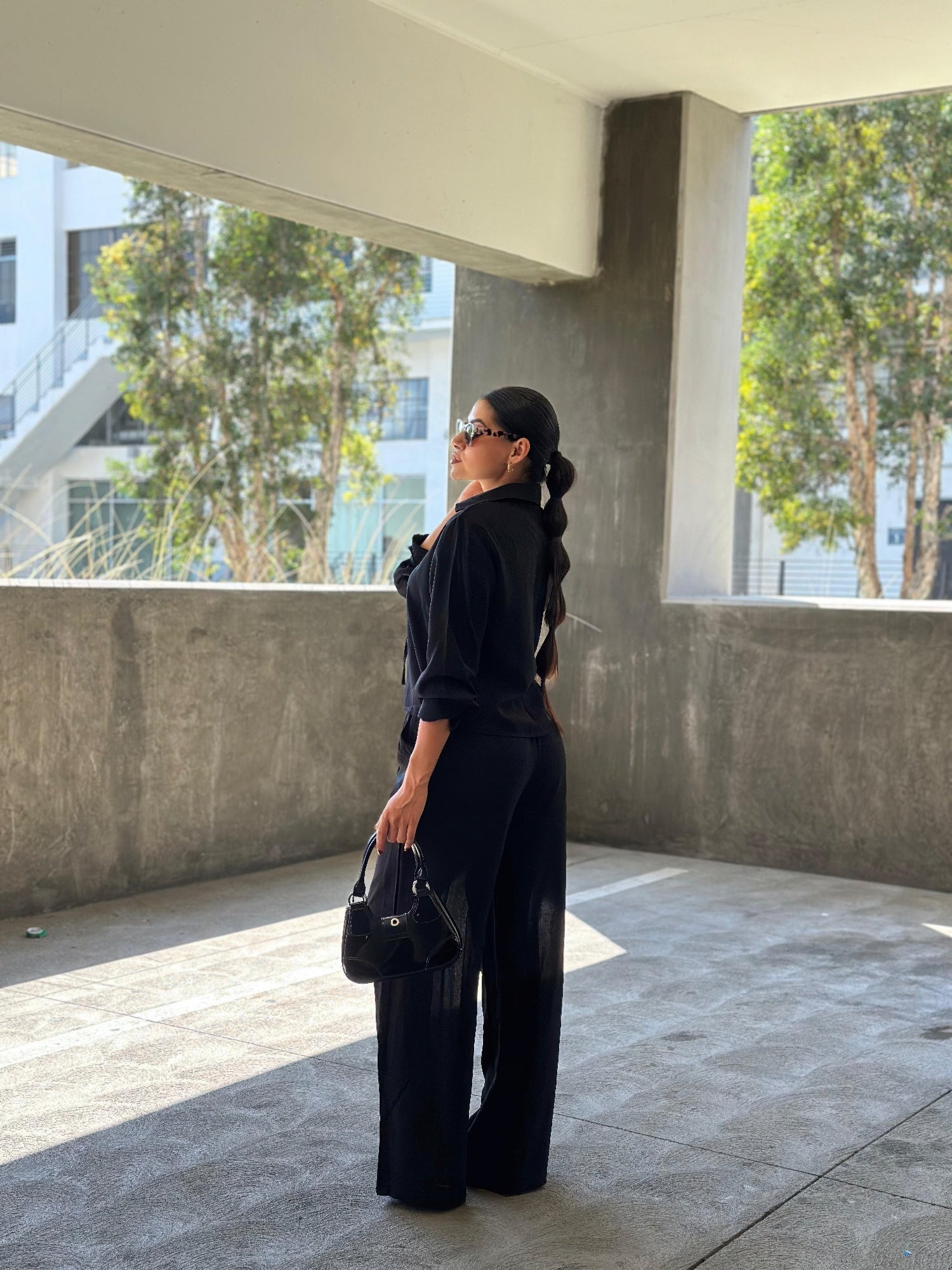 Collared Front-Tie Blouse & Wide-Leg Trousers Two-Piece Set | Fluid Drape