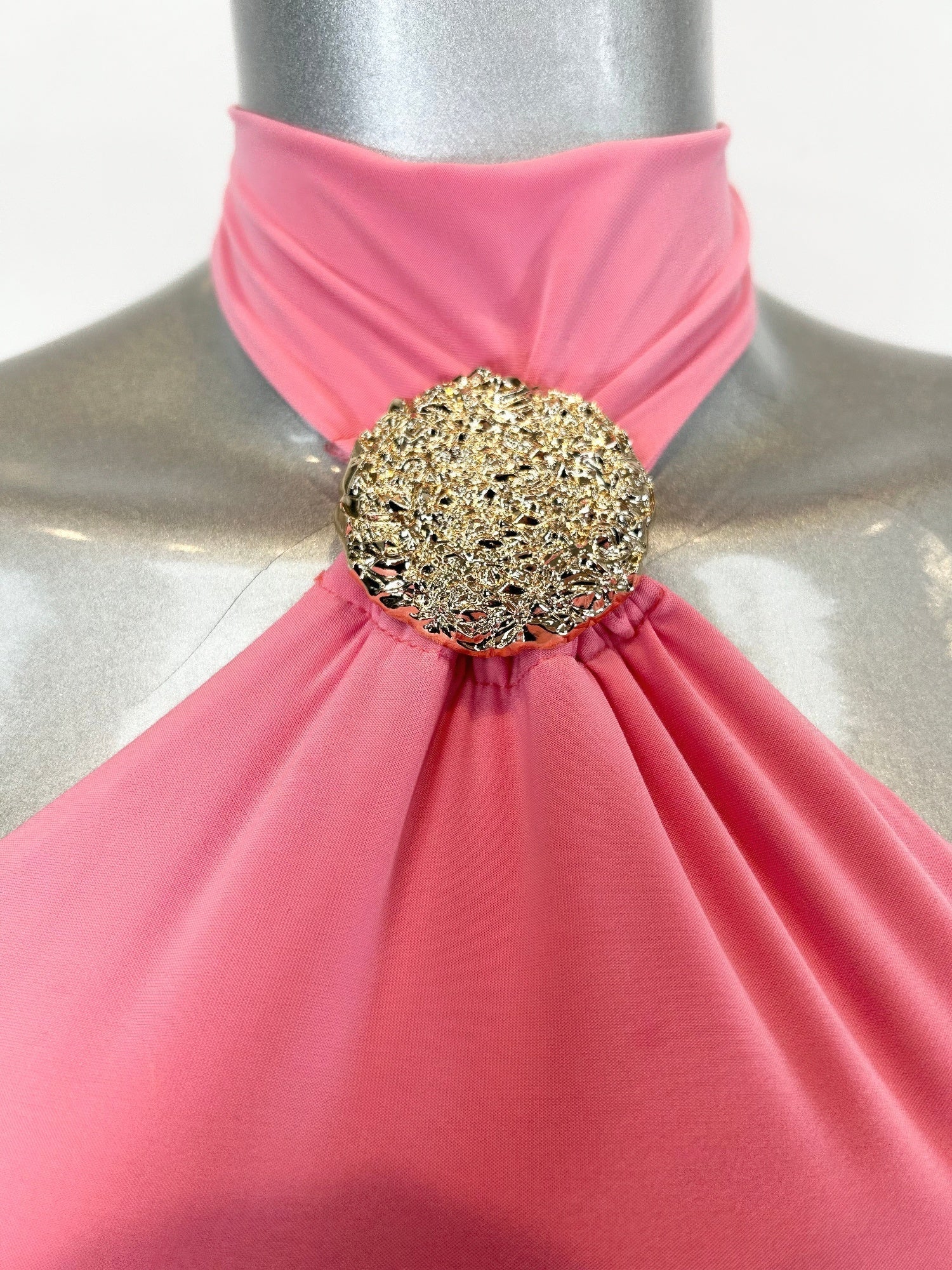 Halter Neck Ruched Mini Dress | Gold Brooch Open Back Asymmetric Hem