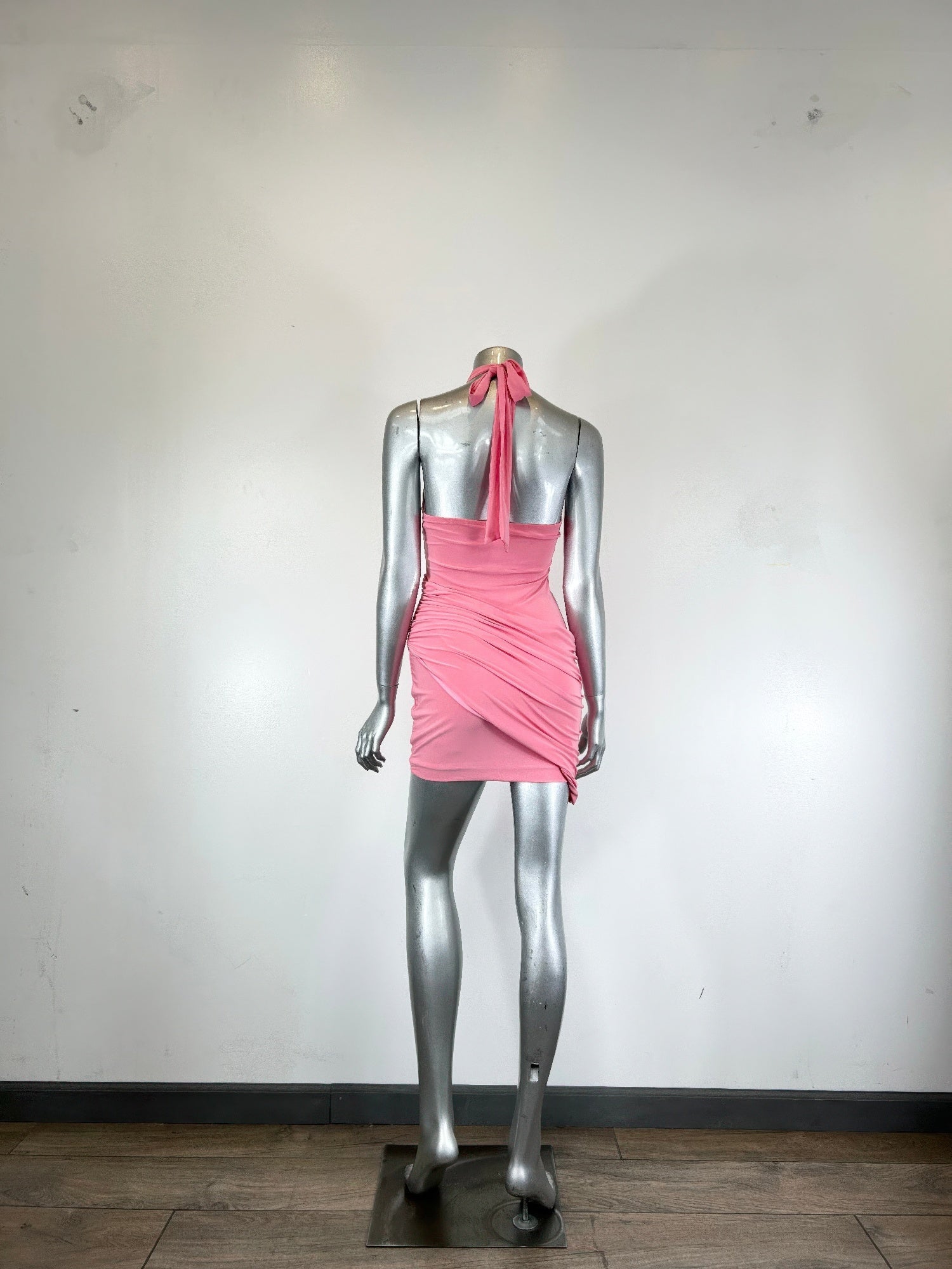 Halter Neck Ruched Mini Dress | Gold Brooch Open Back Asymmetric Hem
