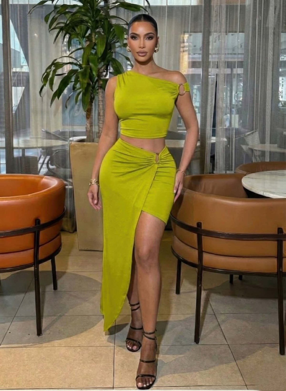 Asymmetric One-Shoulder Ring Detail Crop Top & Ruched Wrap Front-Slit Maxi Skirt Set