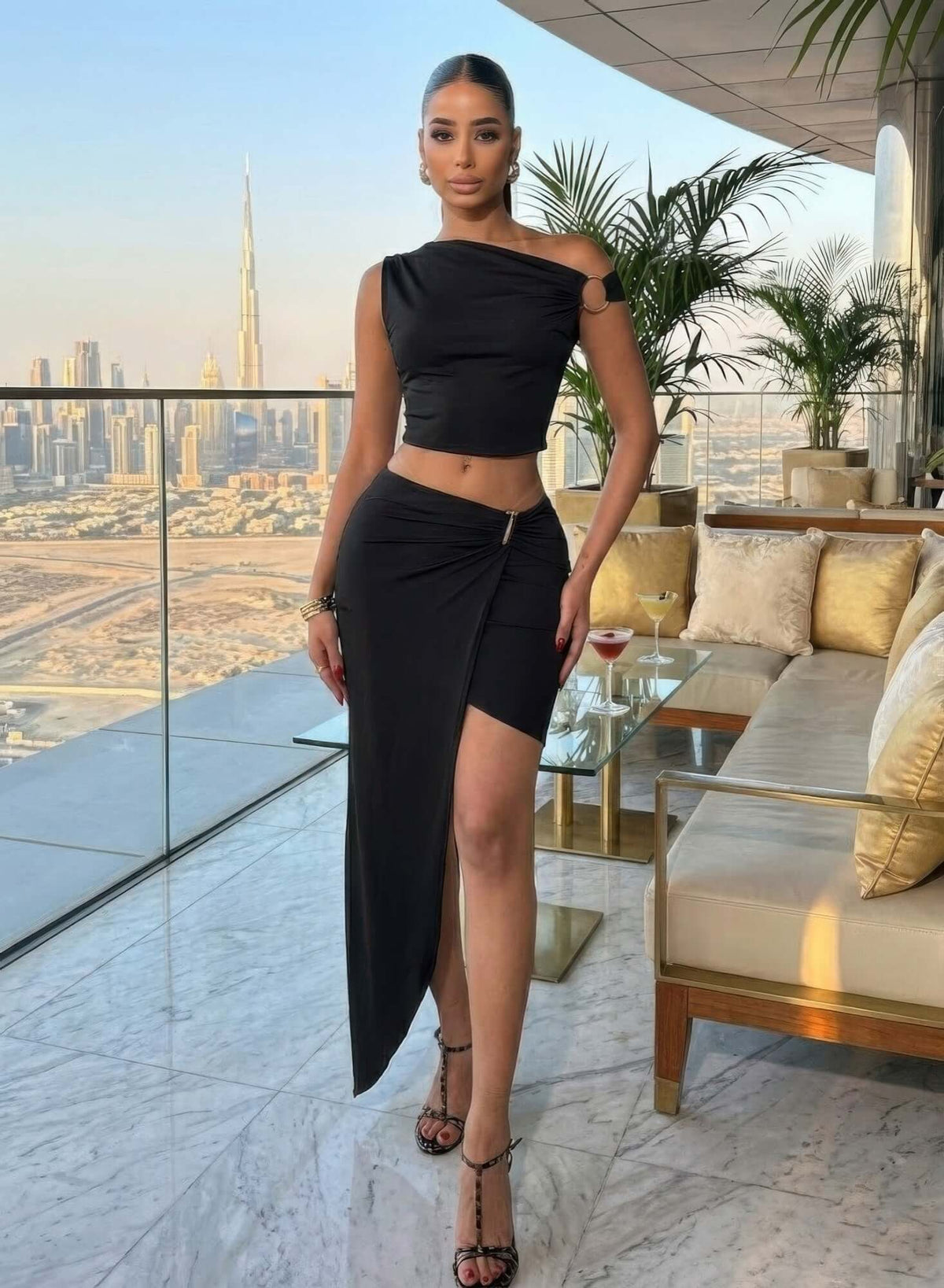 Asymmetric One-Shoulder Ring Detail Crop Top & Ruched Wrap Front-Slit Maxi Skirt Set