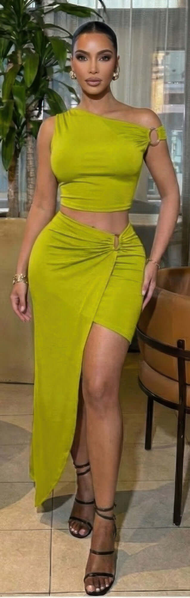 Asymmetric One-Shoulder Ring Detail Crop Top & Ruched Wrap Front-Slit Maxi Skirt Set