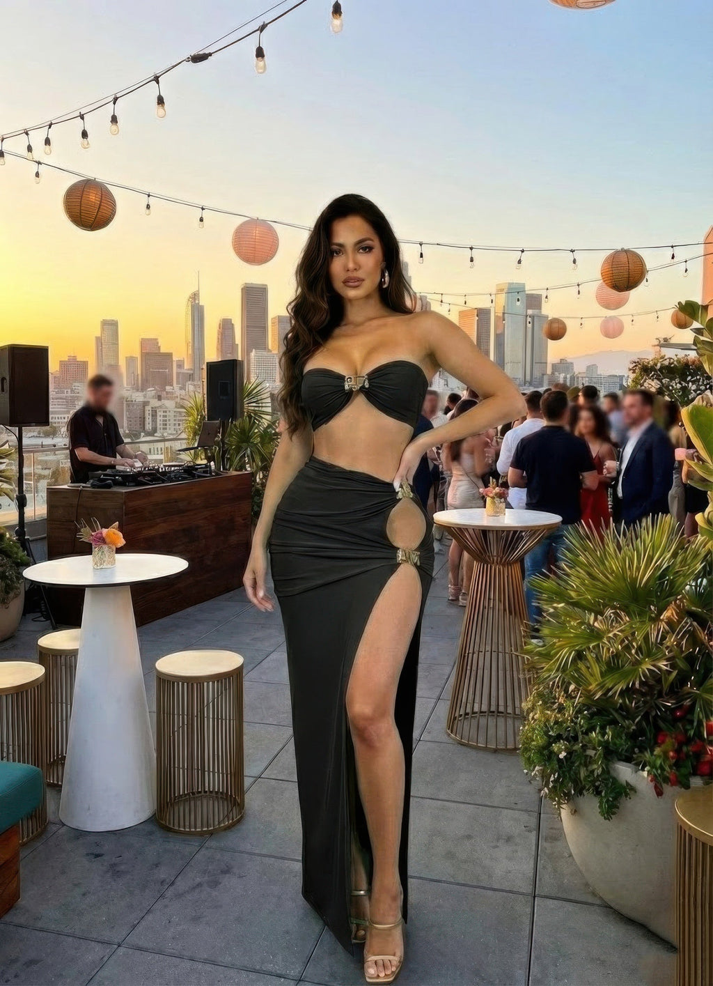 Gold Greek Key Bandeau Crop Top & Ruched Maxi Skirt Set | Hip Cutout & Thigh Slit
