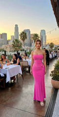 Hot Pink Strapless Ruched Side-Knot Bodycon Maxi Dress
