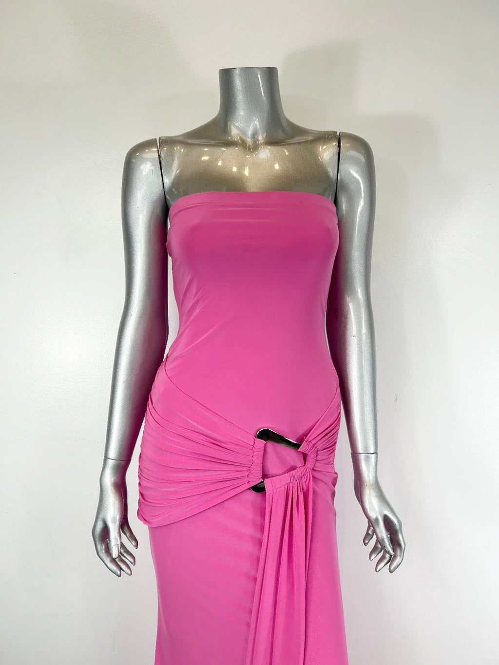 Hot Pink Strapless Ruched Side-Knot Bodycon Maxi Dress