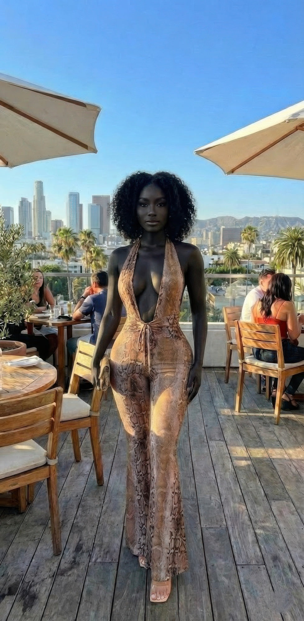 Snake Print Deep Plunge Halter Tie-Front Open-Back Wide-Leg Jumpsuit
