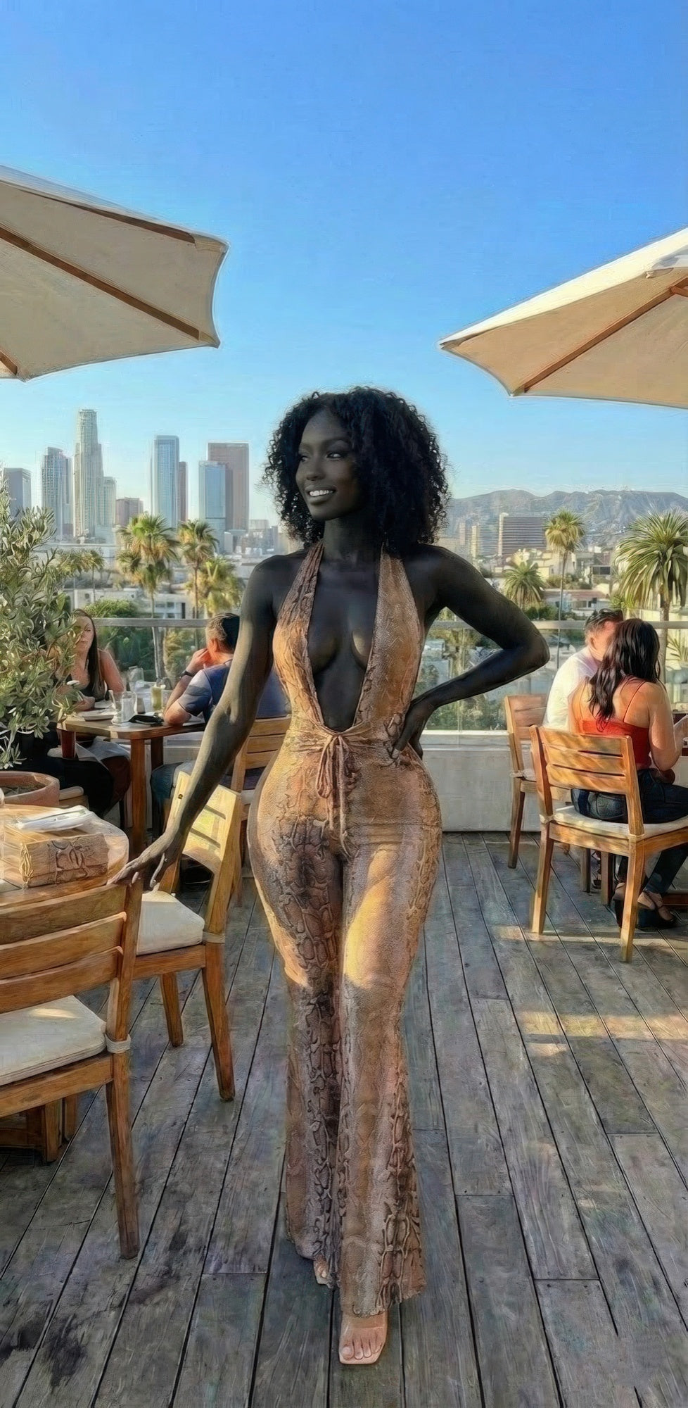 Snake Print Deep Plunge Halter Tie-Front Open-Back Wide-Leg Jumpsuit