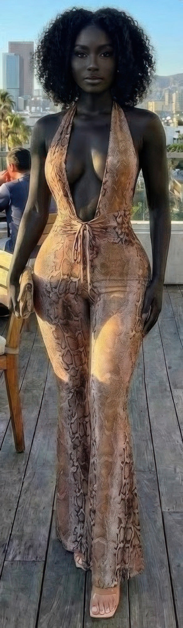 Snake Print Deep Plunge Halter Tie-Front Open-Back Wide-Leg Jumpsuit