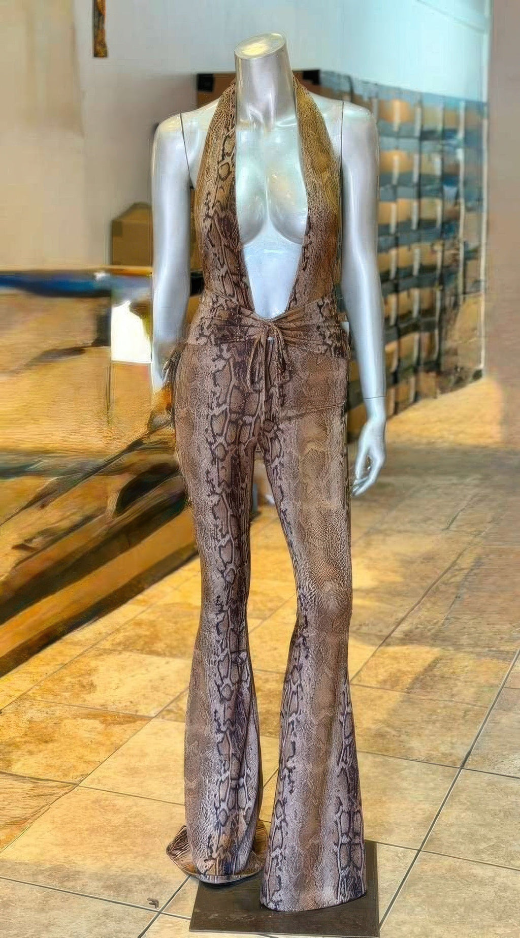 Snake Print Deep Plunge Halter Tie-Front Open-Back Wide-Leg Jumpsuit