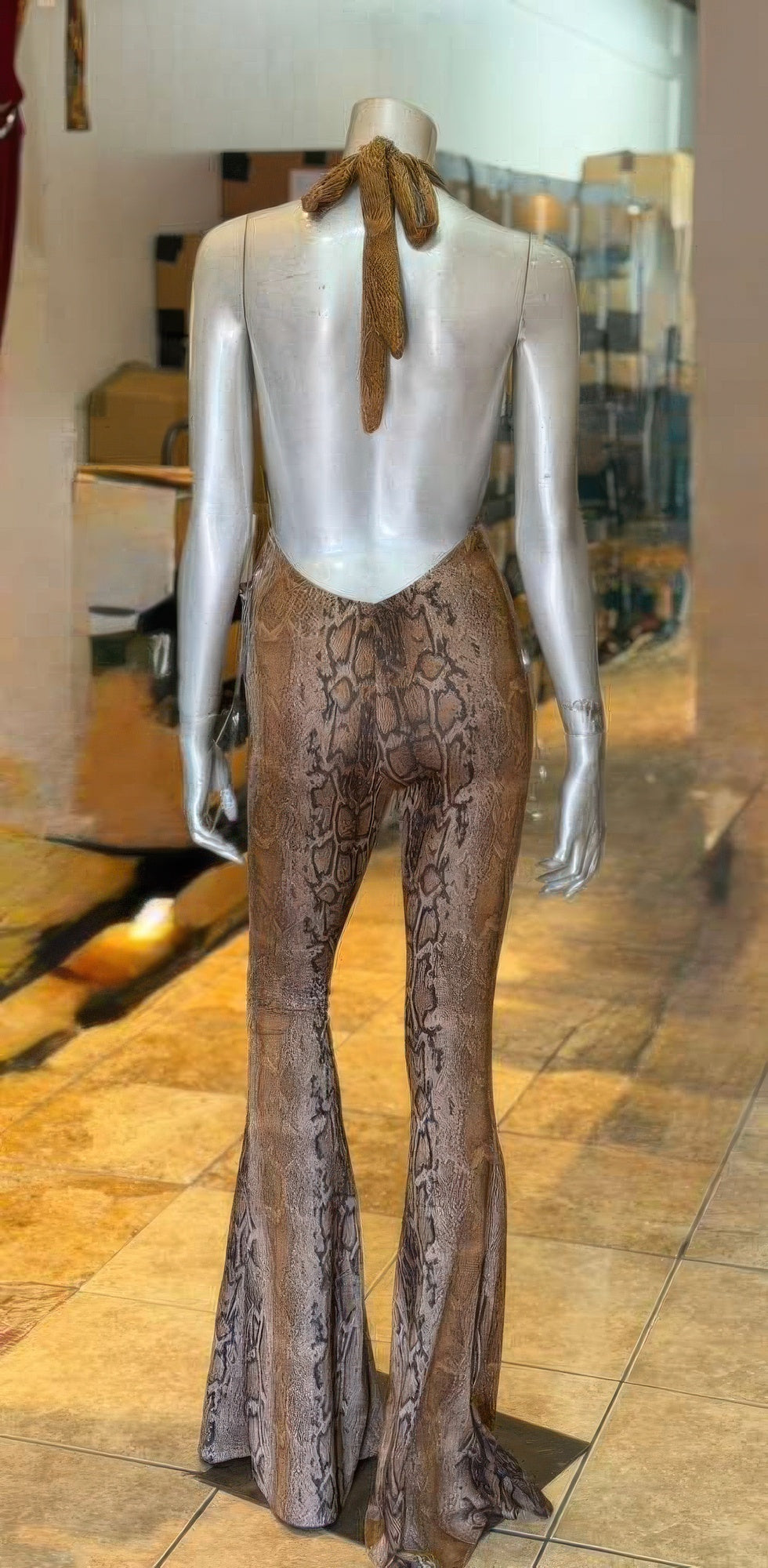 Snake Print Deep Plunge Halter Tie-Front Open-Back Wide-Leg Jumpsuit