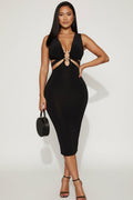 Poise Bandage Midi Dress | Deep V-Neck Cutout Waist Gold Aztec Hardware