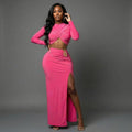 Long Sleeve Crossover Wrap Crop Top & Bodycon Maxi Skirt Set | Gold Ring & Thigh-High Slit