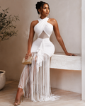 White Ruched Halter Cutout Fringe Maxi Dress