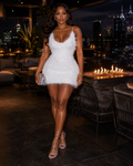 White Feather-Effect Backless Mini Dress