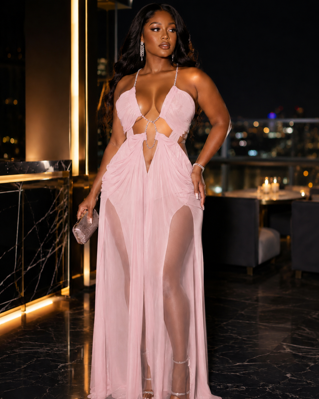 The Moonlit Muse Rhinestone Mesh Maxi Dress