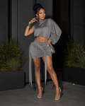 Mock Neck Puff Sleeve Crop Top & Ruched Asymmetric Mini Skirt Set