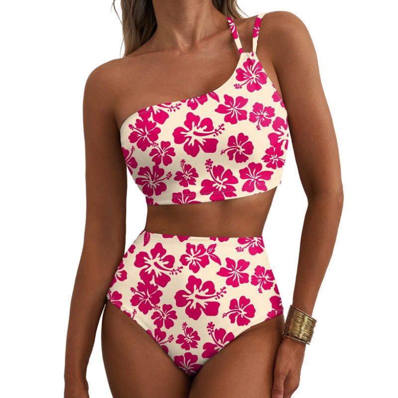 One-Shoulder Floral High-Waisted Bikini Set | Belly-Cinching Two-Piece Swimsuit
