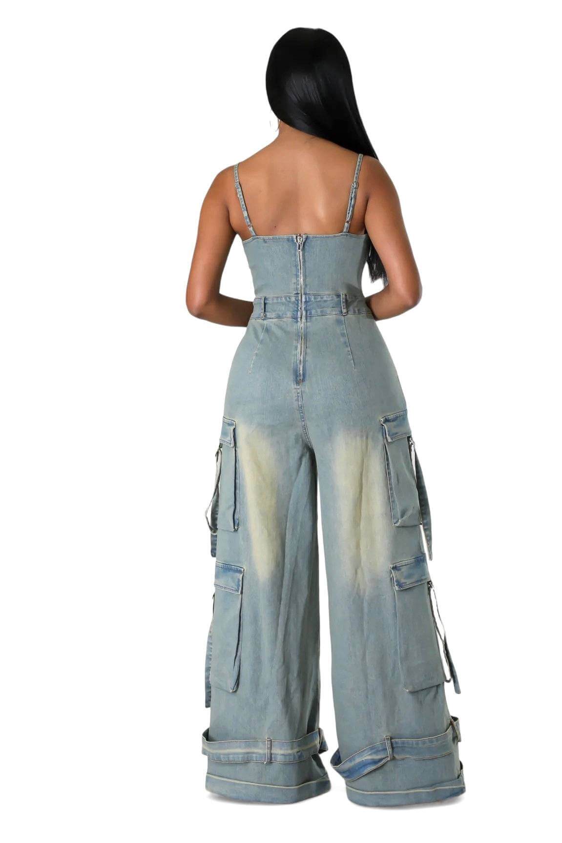 Dirty Wash Cargo Denim Jumpsuit