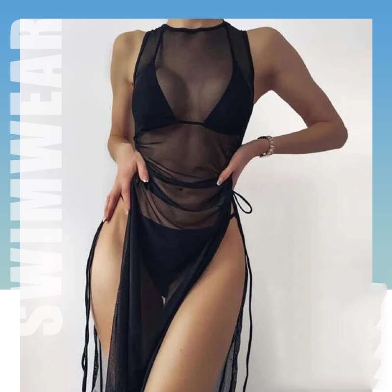 Solid Color Bikini Set with Maxi Dress Cover-Up | Women's Three-Piece Swimwear