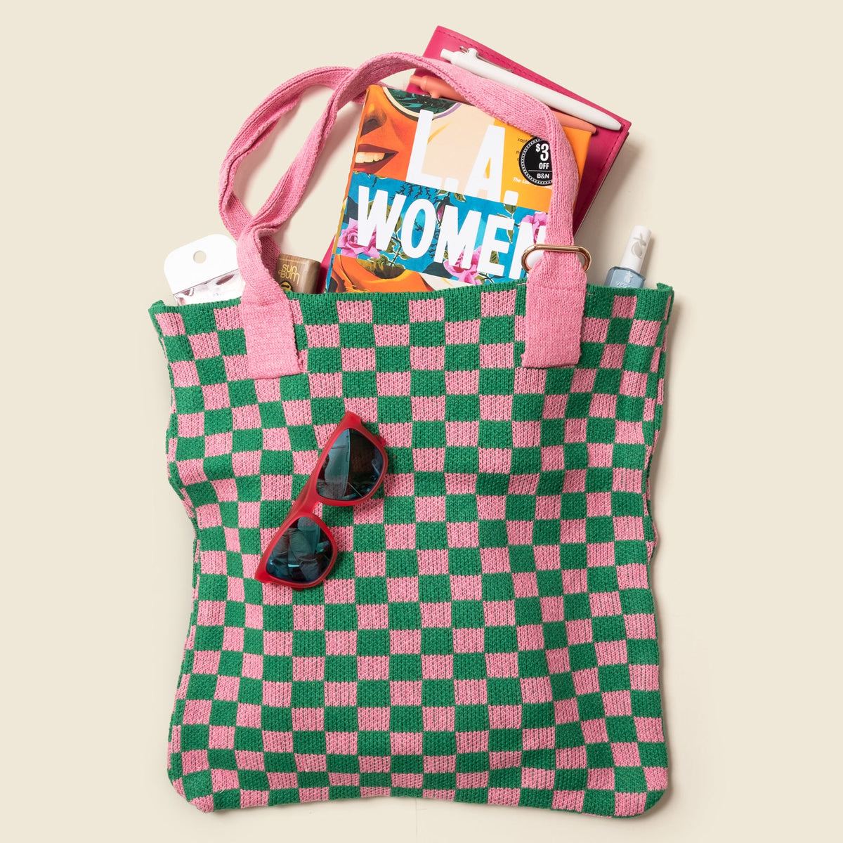 Pink and Green Checkered Tote Bag - Washable Cotton Knit with Key Ring