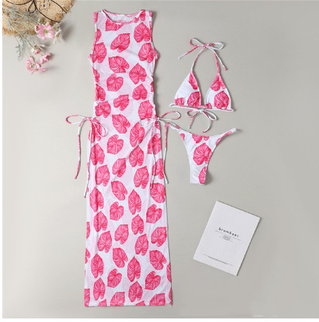 Solid Color Bikini Set with Maxi Dress Cover-Up | Women's Three-Piece Swimwear