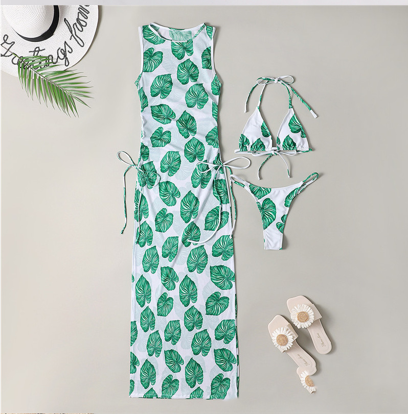 Solid Color Bikini Set with Maxi Dress Cover-Up | Women's Three-Piece Swimwear