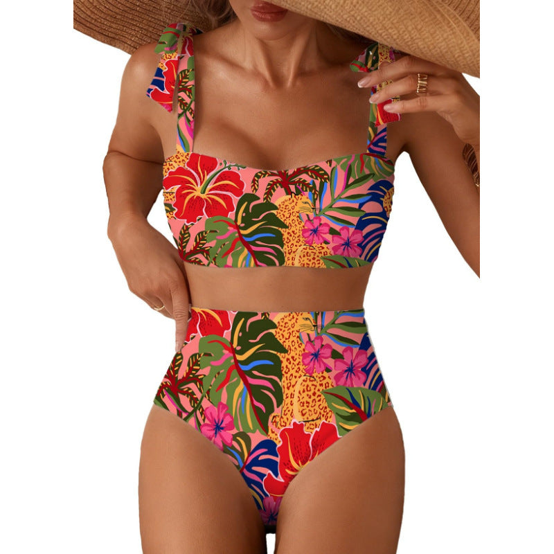 Tie-Shoulder High-Waisted Bikini Set | Women's Two-Piece Swimsuit