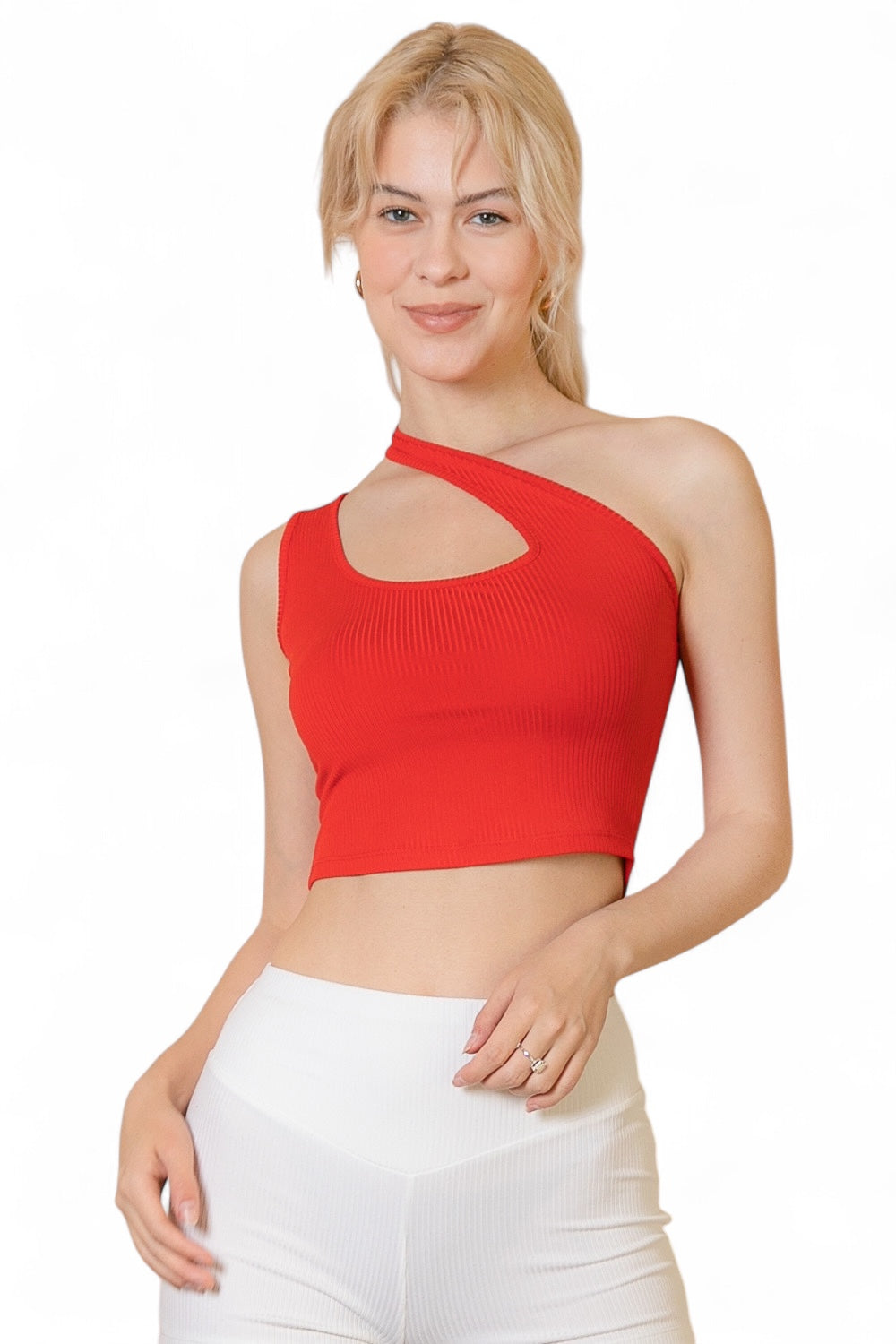 The Cross Strap One-Shoulder Ribbed Crop Top