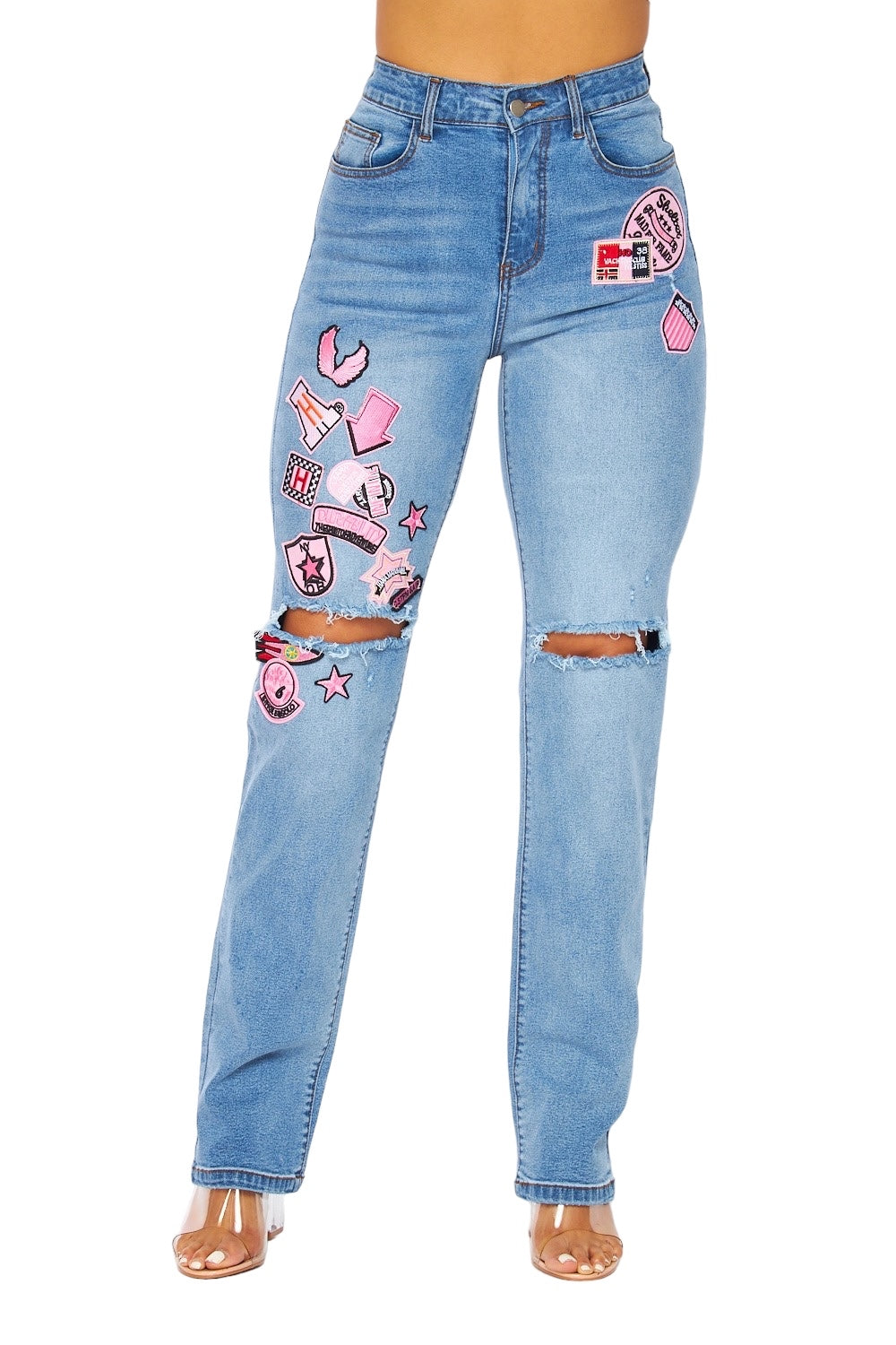Graphic Patch Exposed Knee Straight-Leg Jeans