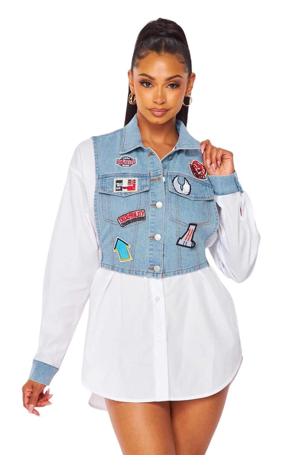 Graphic Patch Denim Vest Overlay Button-Up Shirt