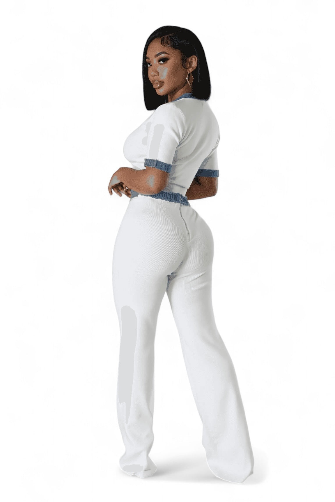 Knit & Denim Trim Two-Piece Pants Set
