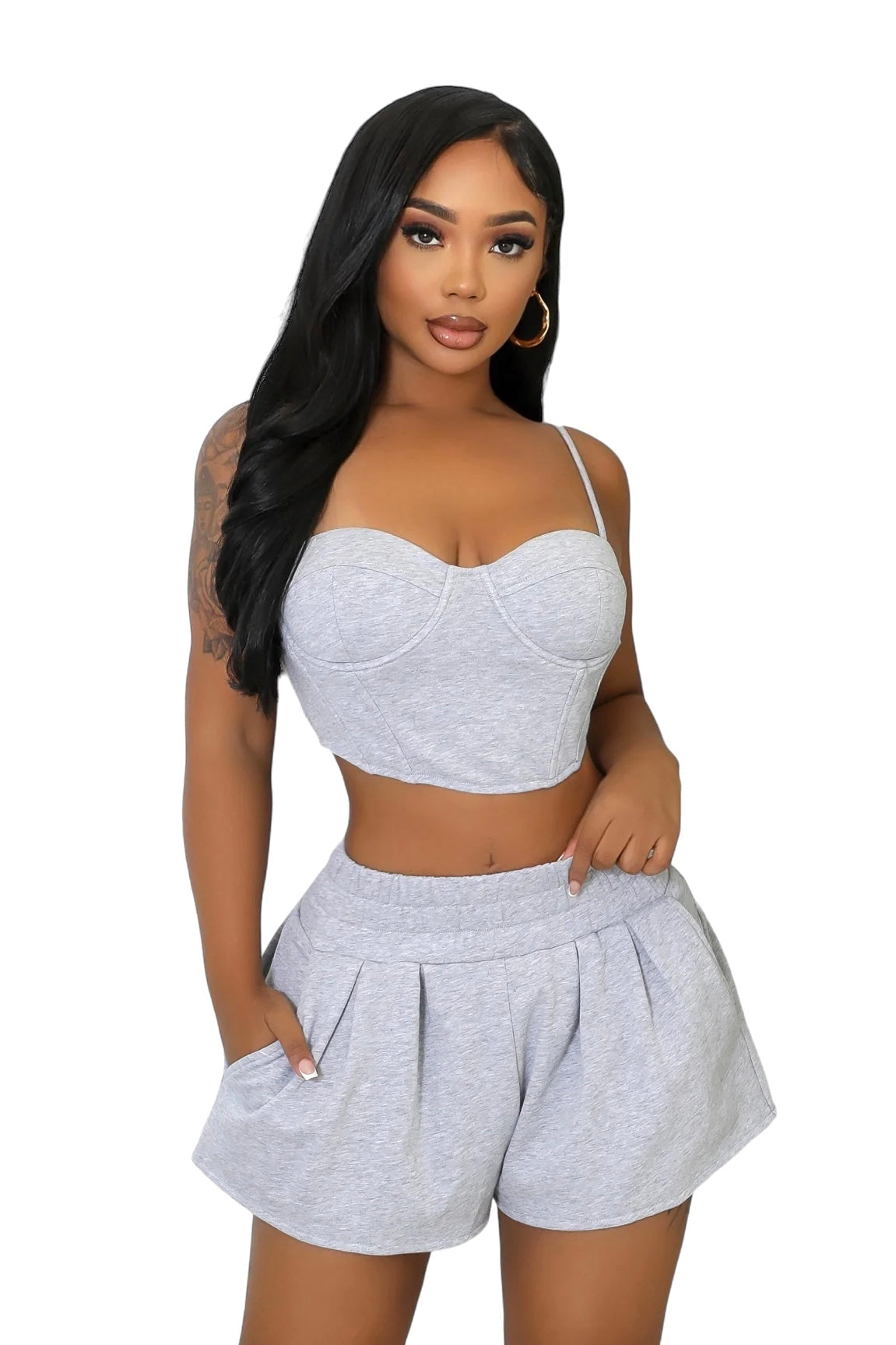 Bustier Crop Top & Pleated Shorts Set – Heather Gray
