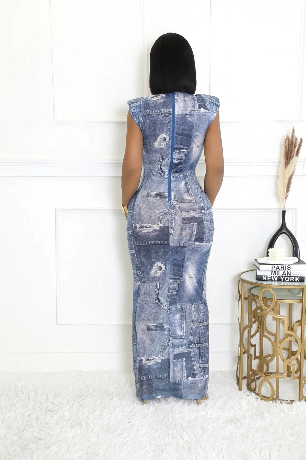 Denim Illusion Print Bodycon Maxi Dress