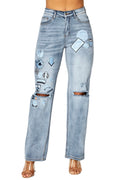 Graphic Patch Exposed Knee Straight-Leg Jeans
