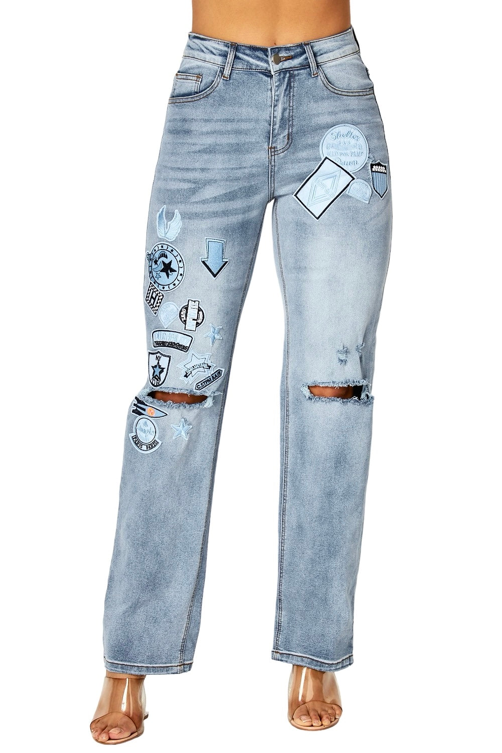 Graphic Patch Exposed Knee Straight-Leg Jeans