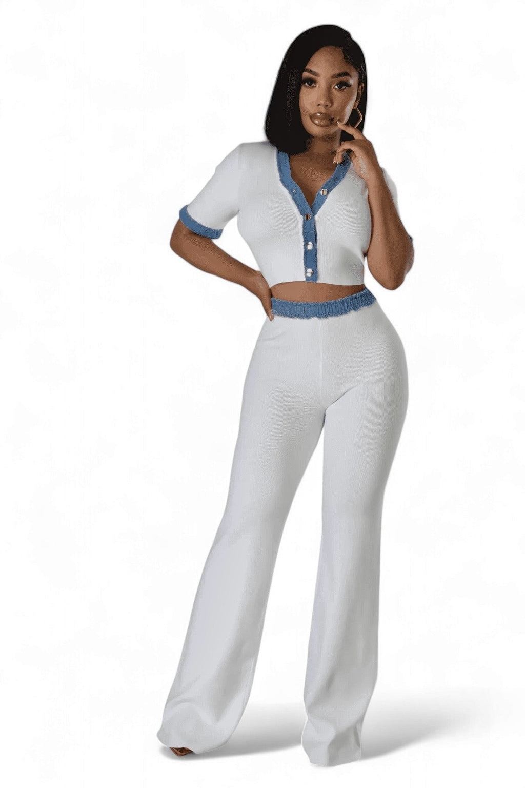 Knit & Denim Trim Two-Piece Pants Set