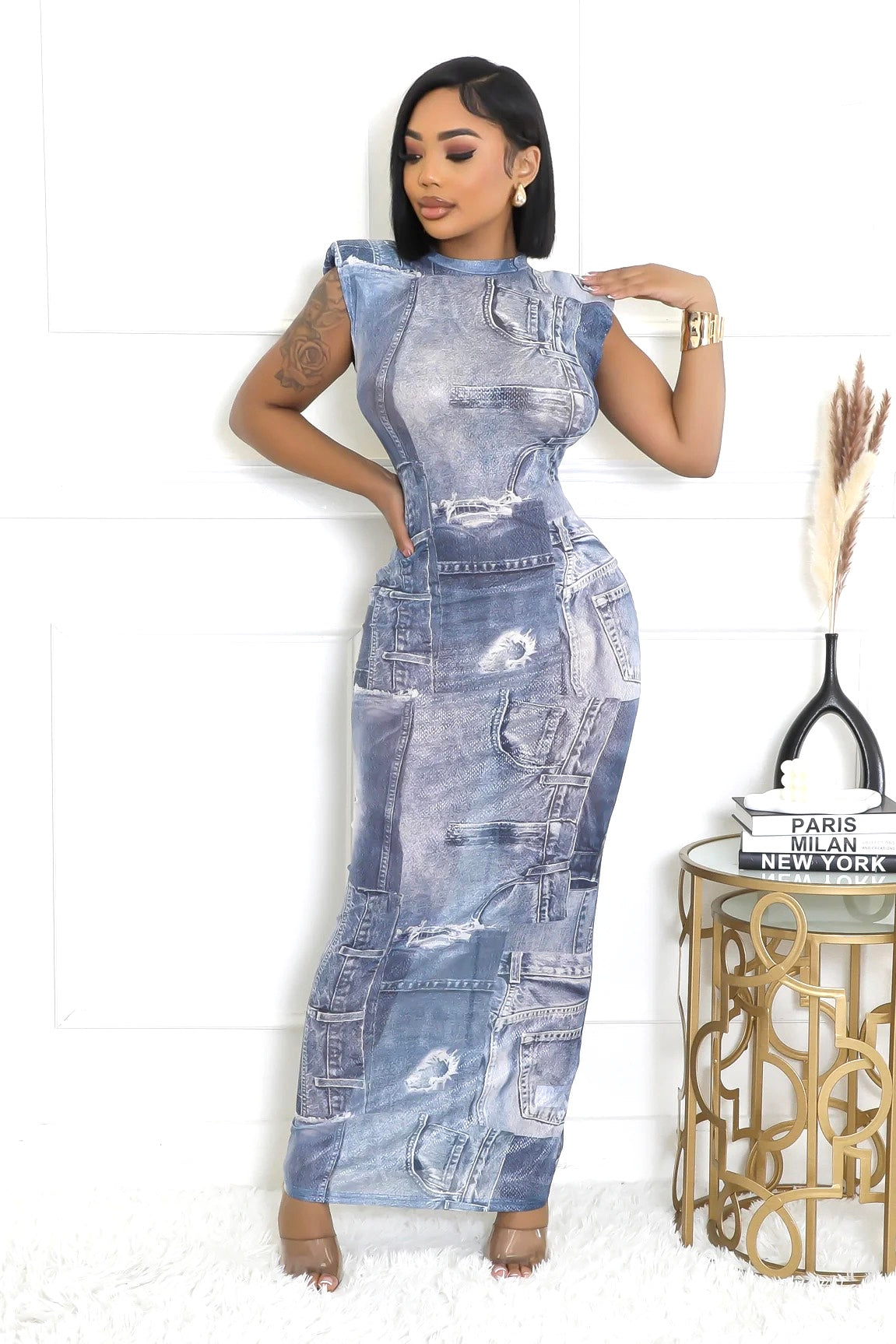Denim Illusion Print Bodycon Maxi Dress