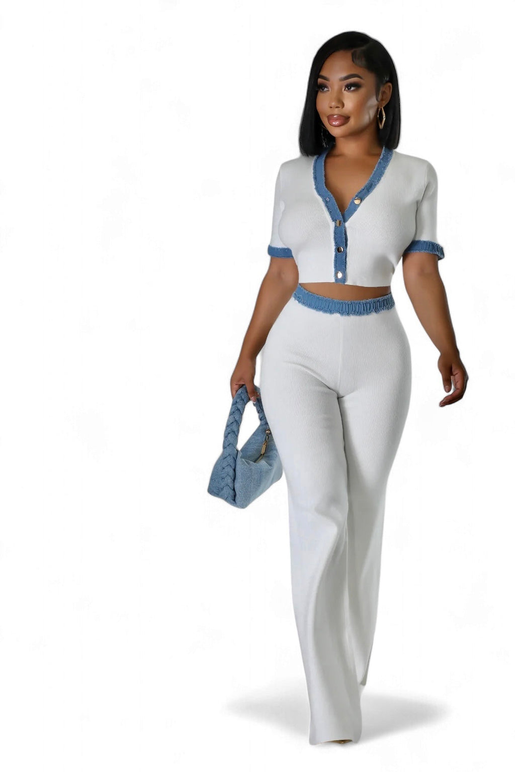 Knit & Denim Trim Two-Piece Pants Set