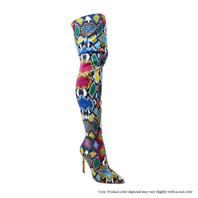 Neon Multi Snake Print Stretch Over-the-Knee Stiletto Boot