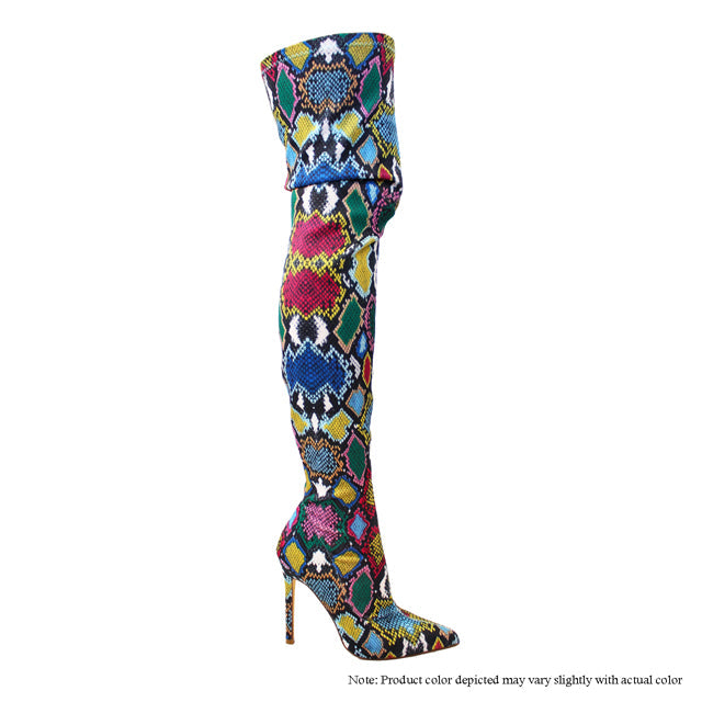 Neon Multi Snake Print Stretch Over-the-Knee Stiletto Boot