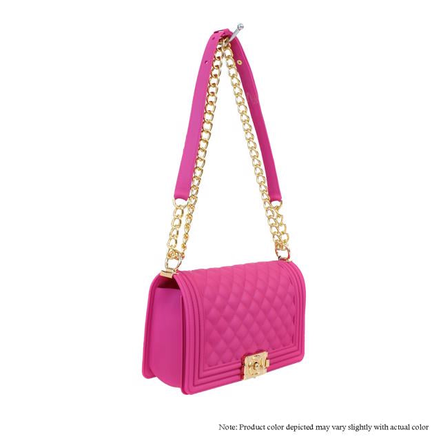 Quilted Silicone Jelly Flap Bag with Gold Chain Strap – Fuchsia