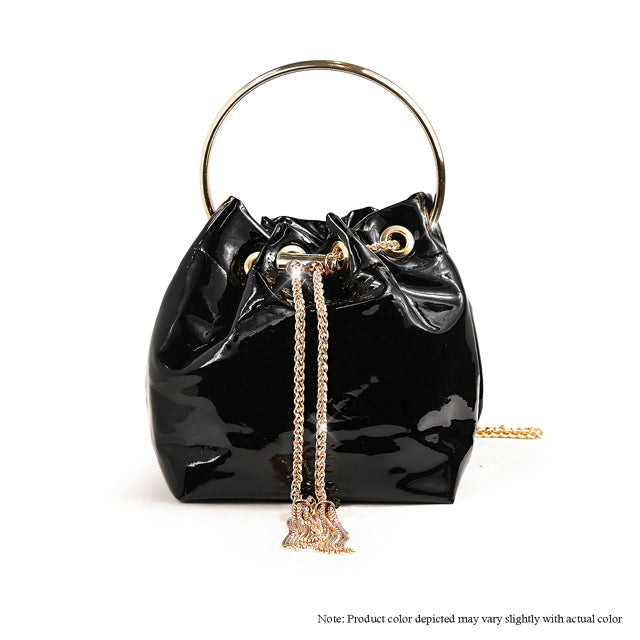 Patent Leather Bucket Bag with Gold Ring Handle & Chain Tassel – Black