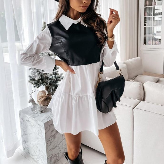 The City Contrast Faux-Leather Panel Shirt Dress