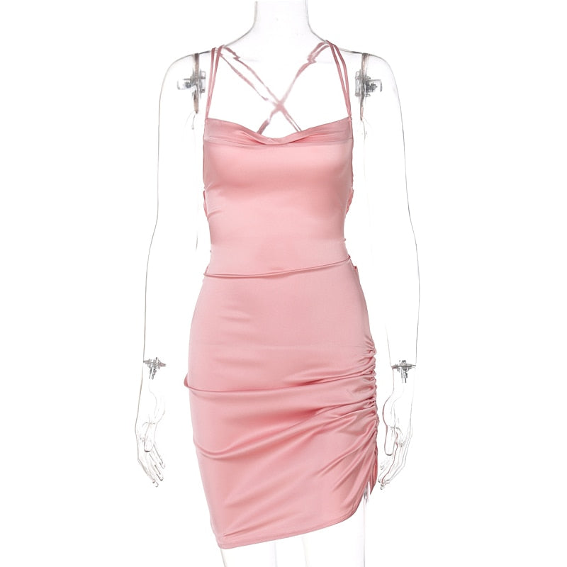 The Satin Lace-Up Cross Bandage Mini Dress