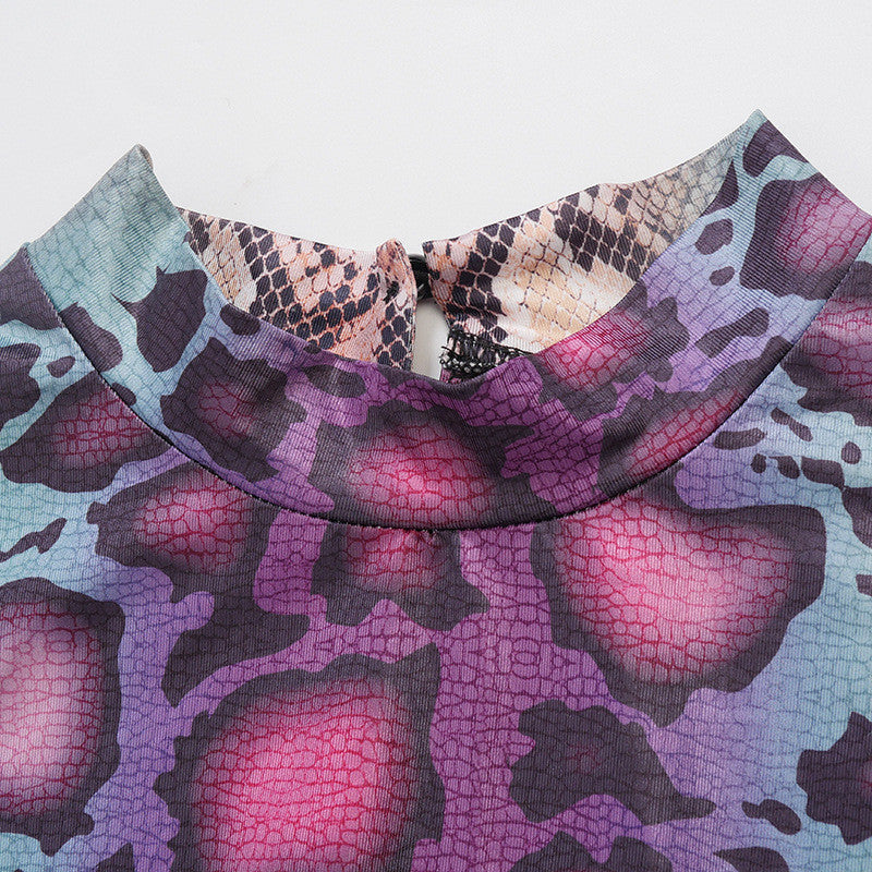 Multicolor Snakeskin Print Sheer Mesh Long-Sleeve Bodycon Jumpsuit