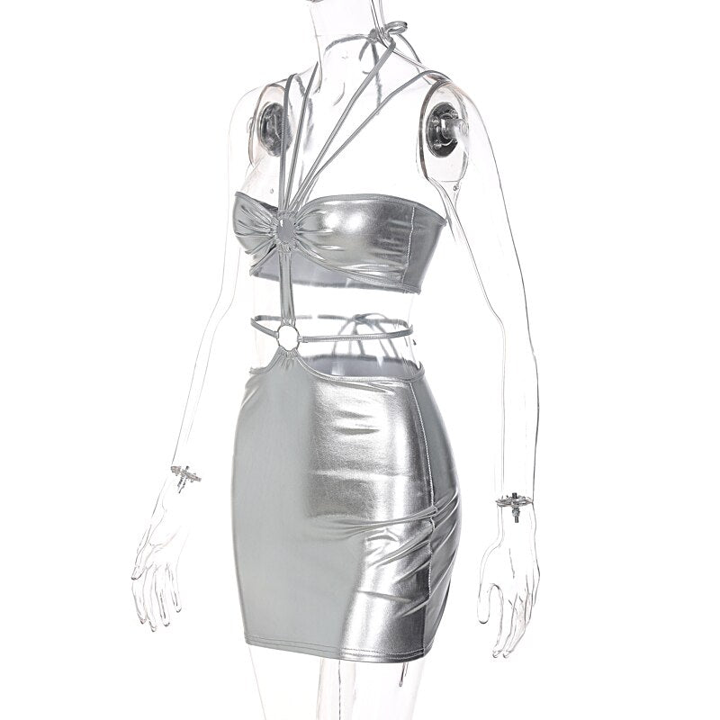 Satin Multi-Strap Halter Cutout Mini Dress | O-Ring Waist & Ruched Bust