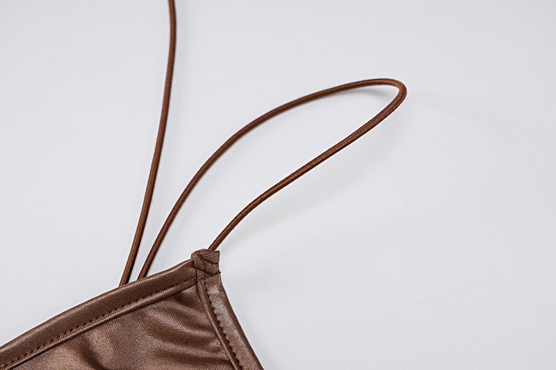 Faux Leather V-Neck Spaghetti Strap Backless Bodycon Midi Dress