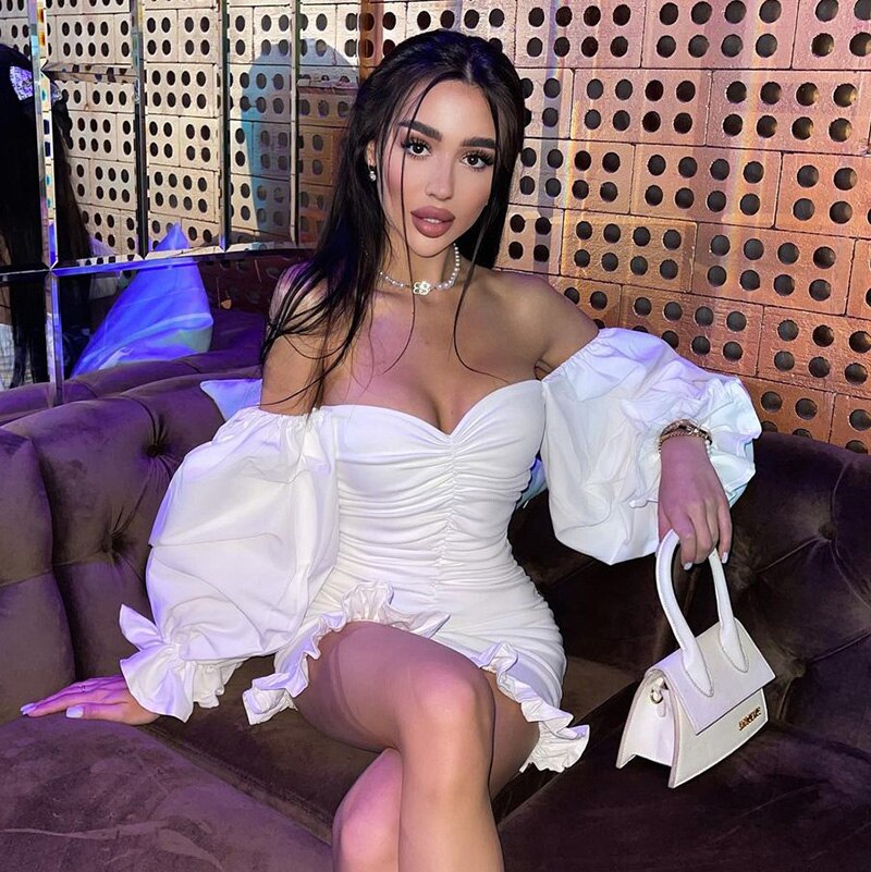 The Off-Shoulder Puff Sleeve Ruched Mini Dress