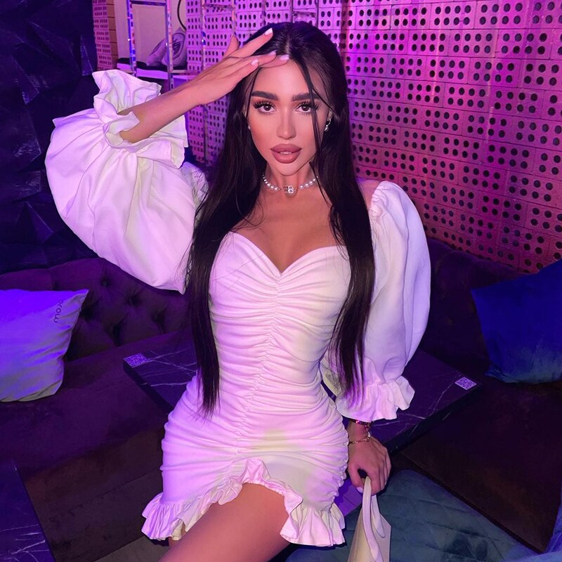 The Off-Shoulder Puff Sleeve Ruched Mini Dress