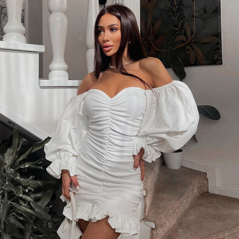 The Off-Shoulder Puff Sleeve Ruched Mini Dress